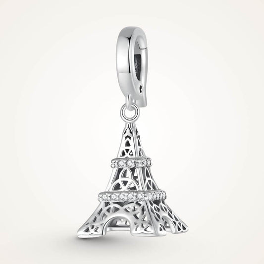 Sterling silver Eiffel Tower charm with sparkling crystal bands and detailed Paris landmark design - ORÉYA