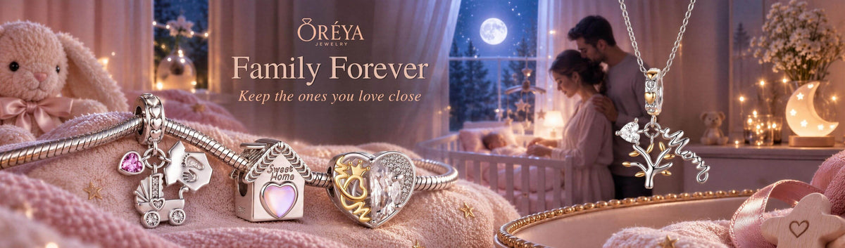 Family-inspired Family Forever ORÉYA silver charm collection with mom, baby, heart, and home jewelry designs.