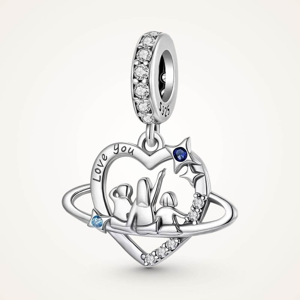Sterling silver family heart charm with mother and children, blue crystals, stars, and orbit details - ORÉYA