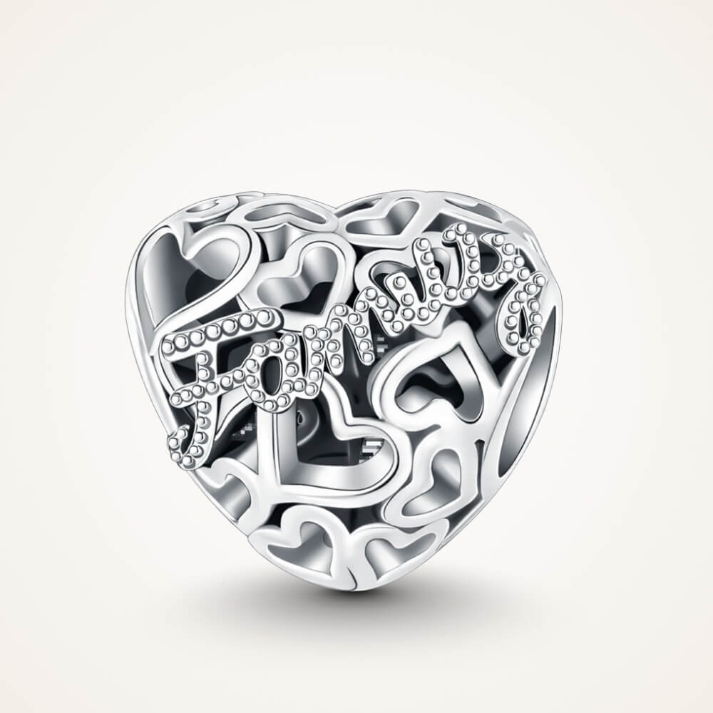 Sterling silver heart charm with Family text and cutout hearts - ORÉYA