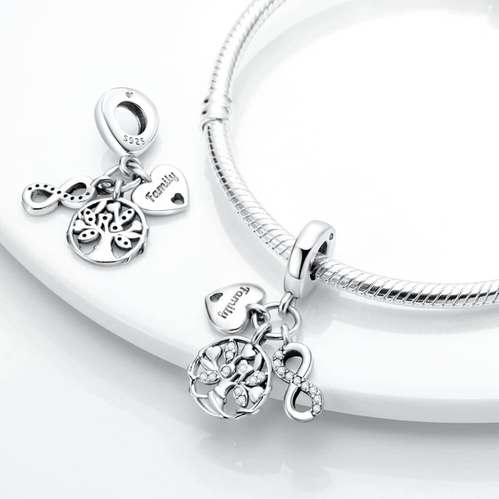 Sterling silver charm with ‘Family’ heart tag, crystal infinity symbol, and crystal tree of life 