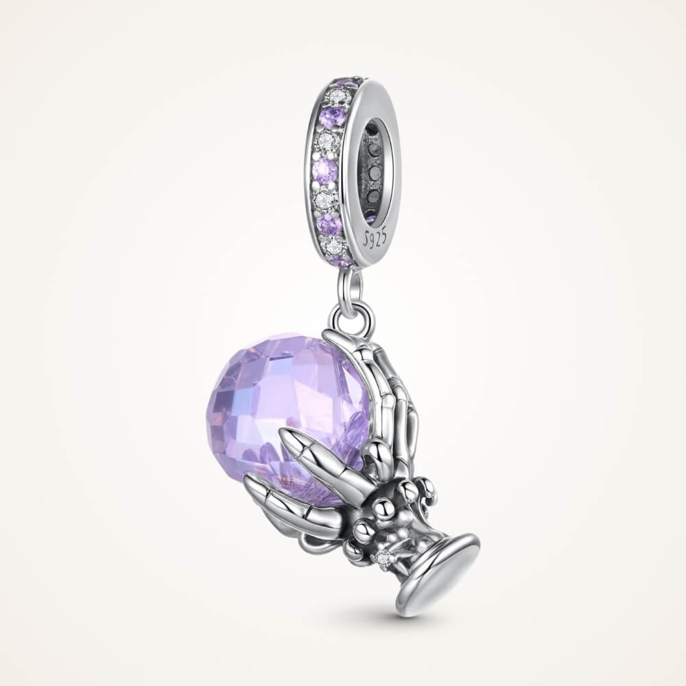 Sterling silver fortune teller charm with lavender crystal ball and skeletal hand - ORÉYA
