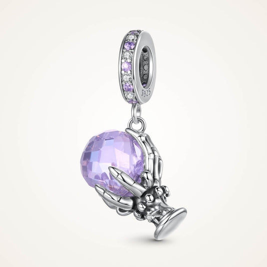 Sterling silver fortune teller charm with lavender crystal ball and skeletal hand - ORÉYA