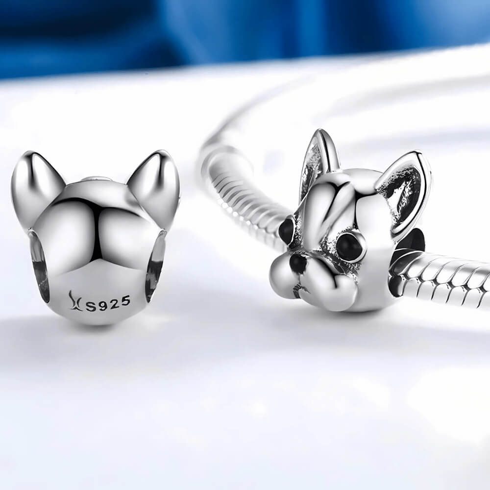 Sterling silver French bulldog head charm with black enamel eyes