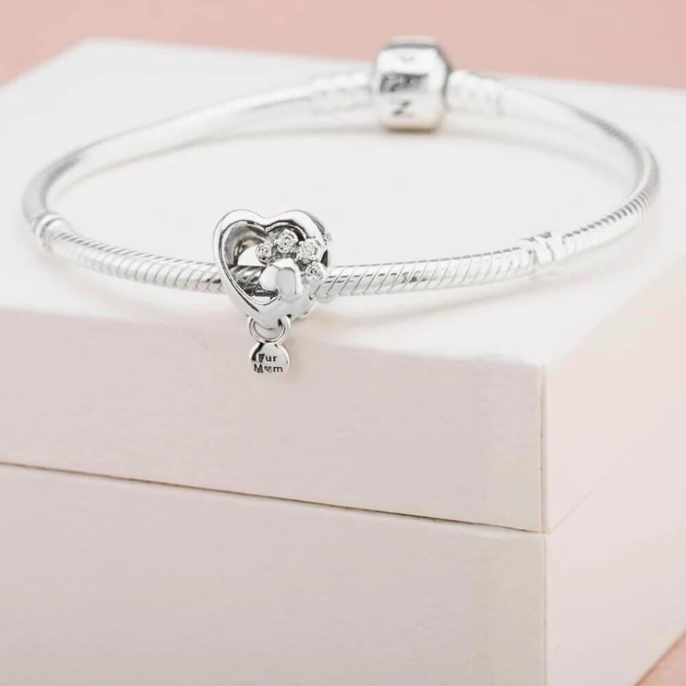Sterling silver heart charm with crystal paw print and ‘Fur Mom’ dangle