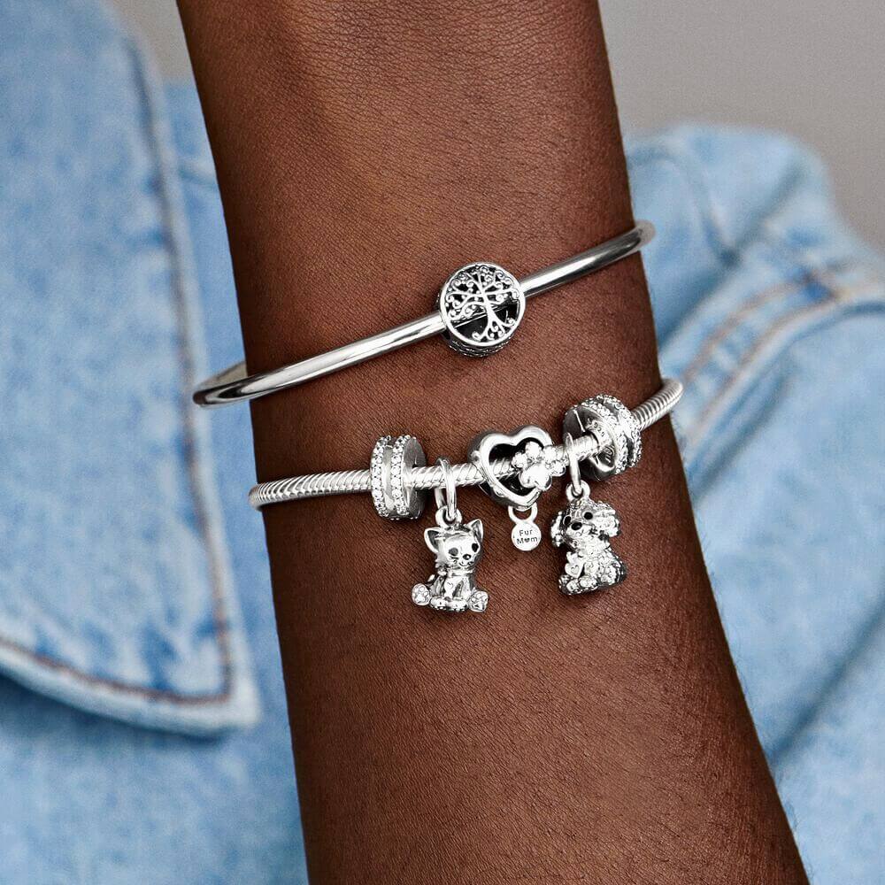 Sterling silver heart charm with crystal paw print and ‘Fur Mom’ dangle 