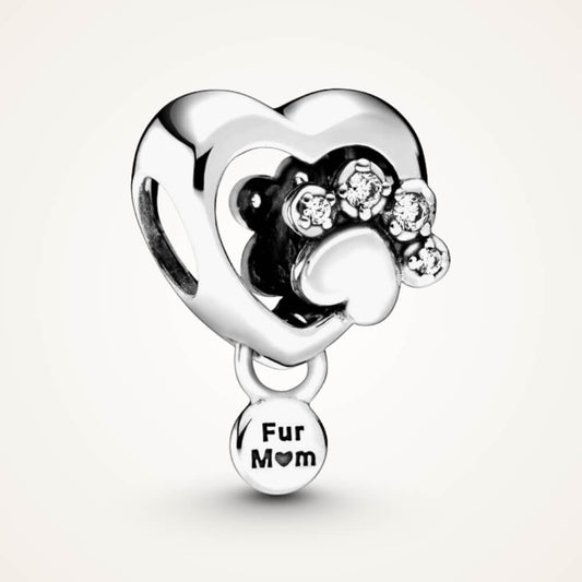 Sterling silver heart charm with crystal paw print and ‘Fur Mom’ dangle – ORÉYA