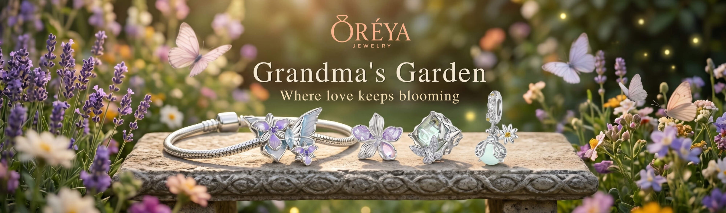 Grandma’s Garden sterling silver floral charms with butterflies, birds and flower jewelry designs.