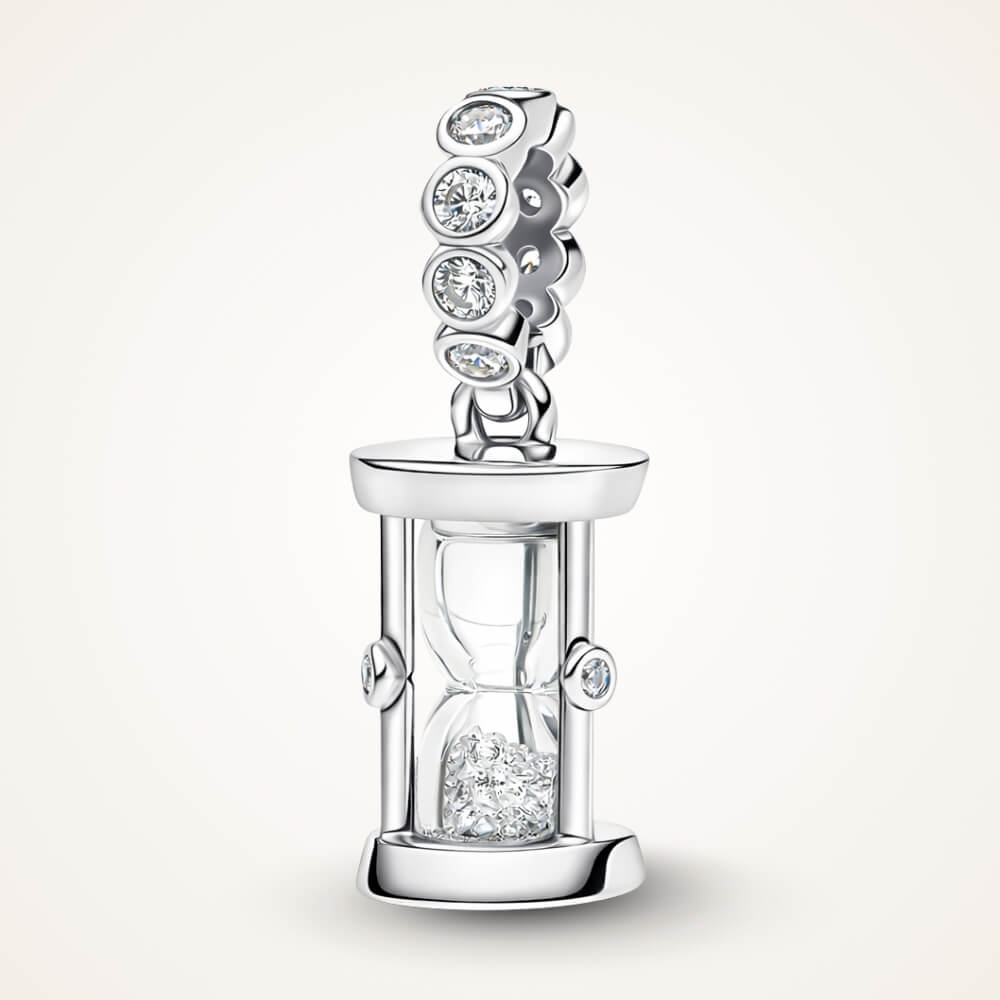 Sterling silver hourglass charm with clear crystals and glass center - ORÉYA