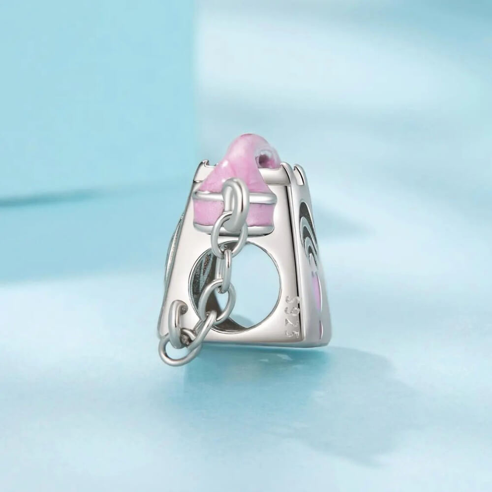 Sterling silver phone charm with heart detail and polished finish.