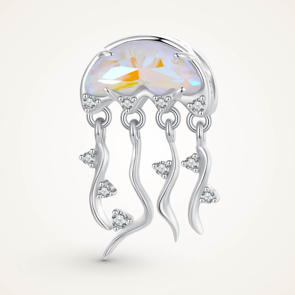 Sterling silver jellyfish charm with iridescent crystal and flowing tentacle details - ORÉYA