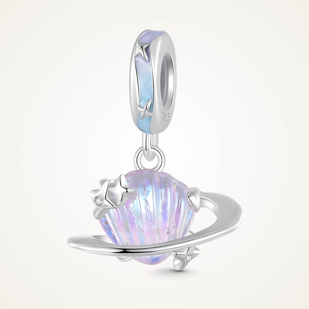 Sterling silver planet charm with iridescent shell design and star accents - ORÉYA
