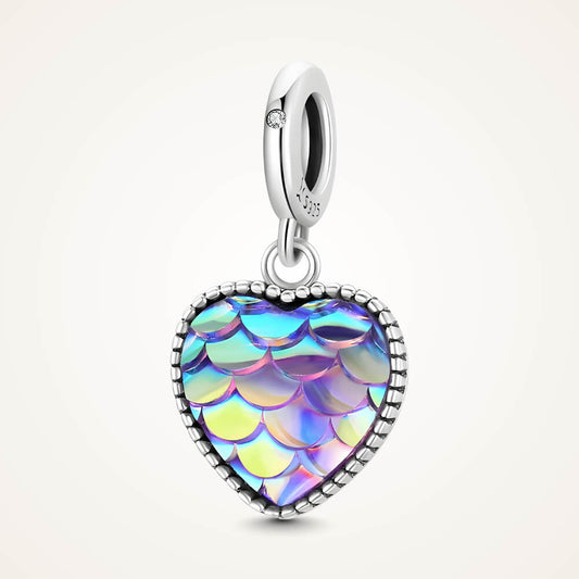 Sterling silver heart charm with iridescent scale-patterned resin front and beaded border - ORÉYA