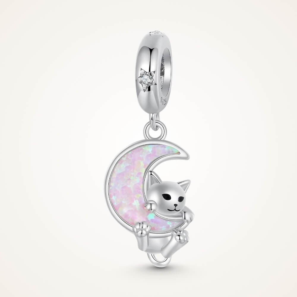 Sterling silver kitten charm with pink opal moon and star detail - ORÉYA