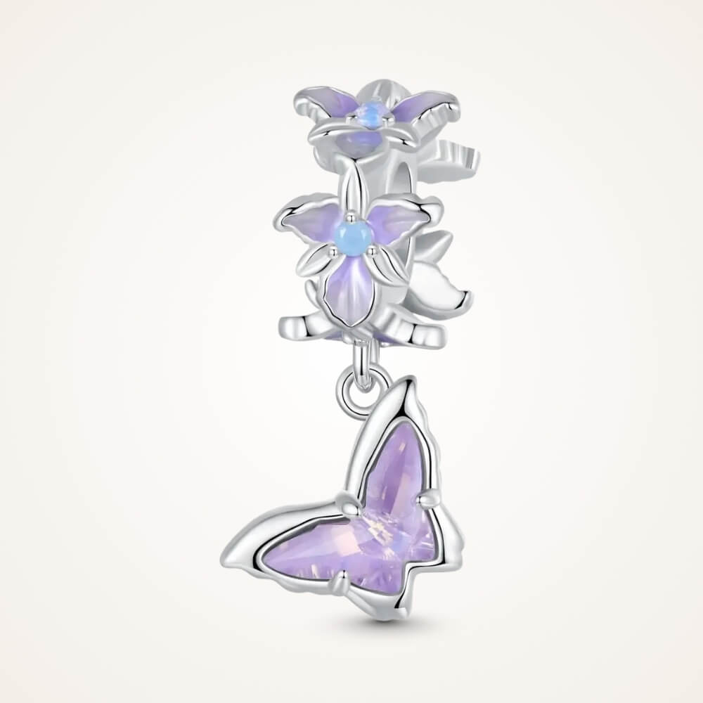 Sterling silver butterfly charm with lavender crystal and floral details - ORÉYA