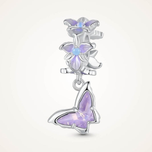 Sterling silver butterfly charm with lavender crystal and floral details - ORÉYA