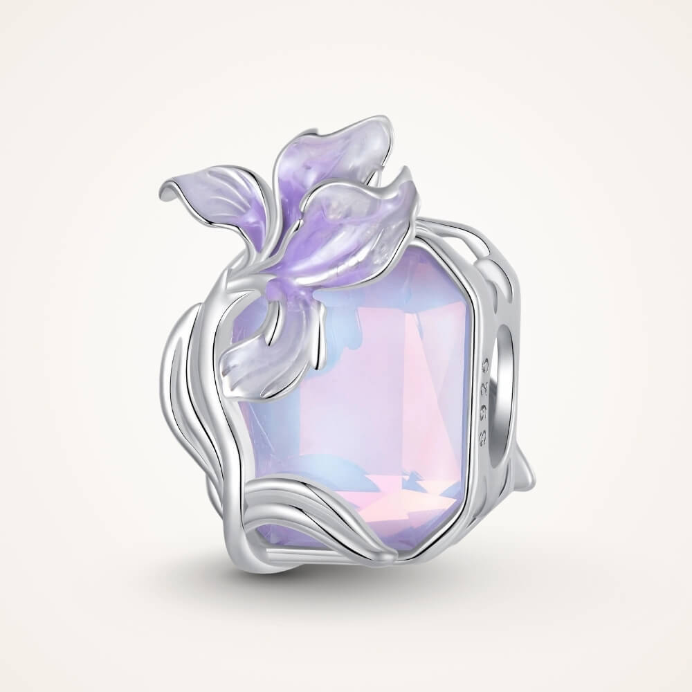 Sterling silver crystal charm with lavender flower and iridescent stone - ORÉYA
