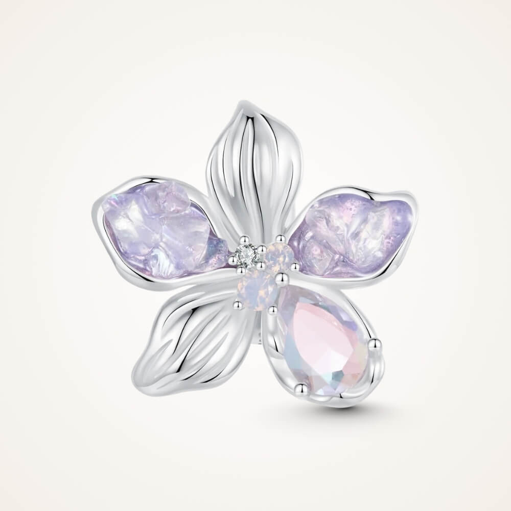 Sterling silver flower charm with lavender petals and iridescent crystal details - ORÉYA