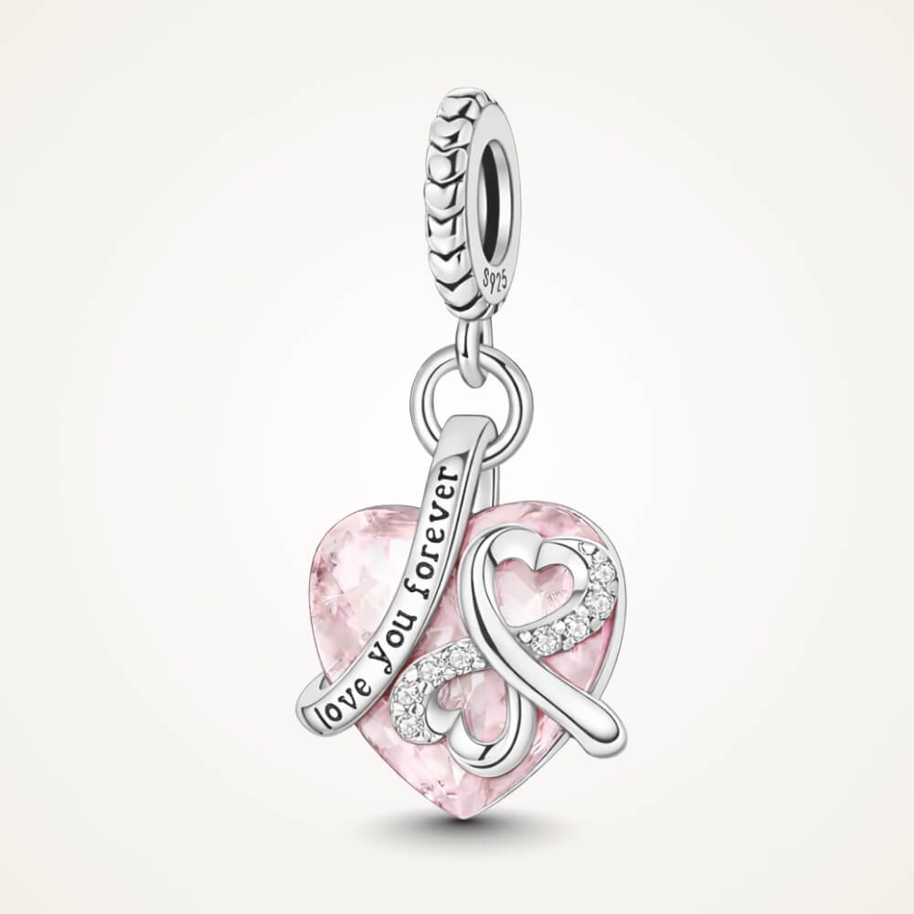 Sterling silver pink heart charm with infinity symbol and love you forever engraving - ORÉYA