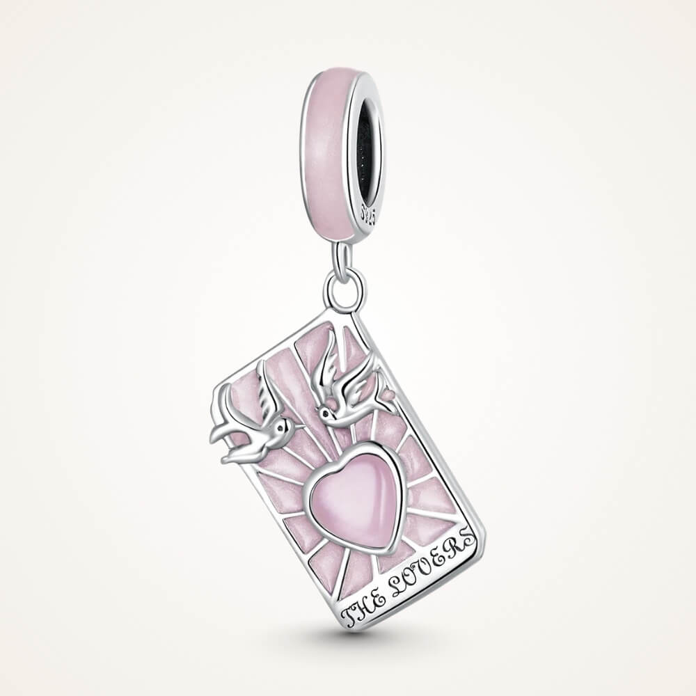 Sterling silver lovers promise charm with pink heart, doves, and engraved message - ORÉYA