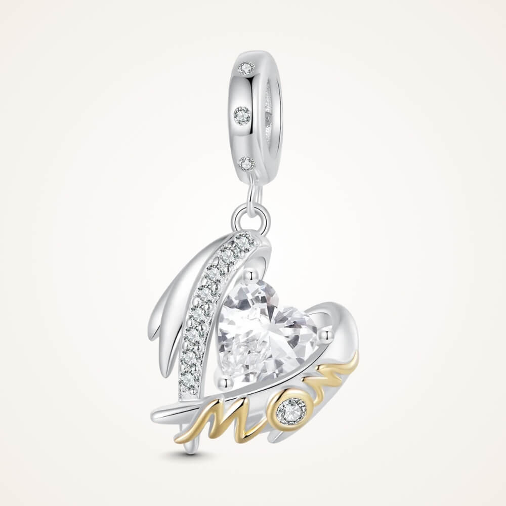 Sterling silver mom angel charm with heart crystal and gold lettering - ORÉYA