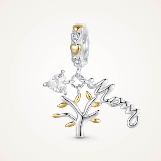 Sterling silver family tree charm with mom script and heart crystal.
