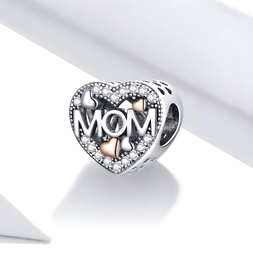 Sterling silver heart-shaped MOM charm with pavé crystals and mixed-metal rose gold and silver hearts 