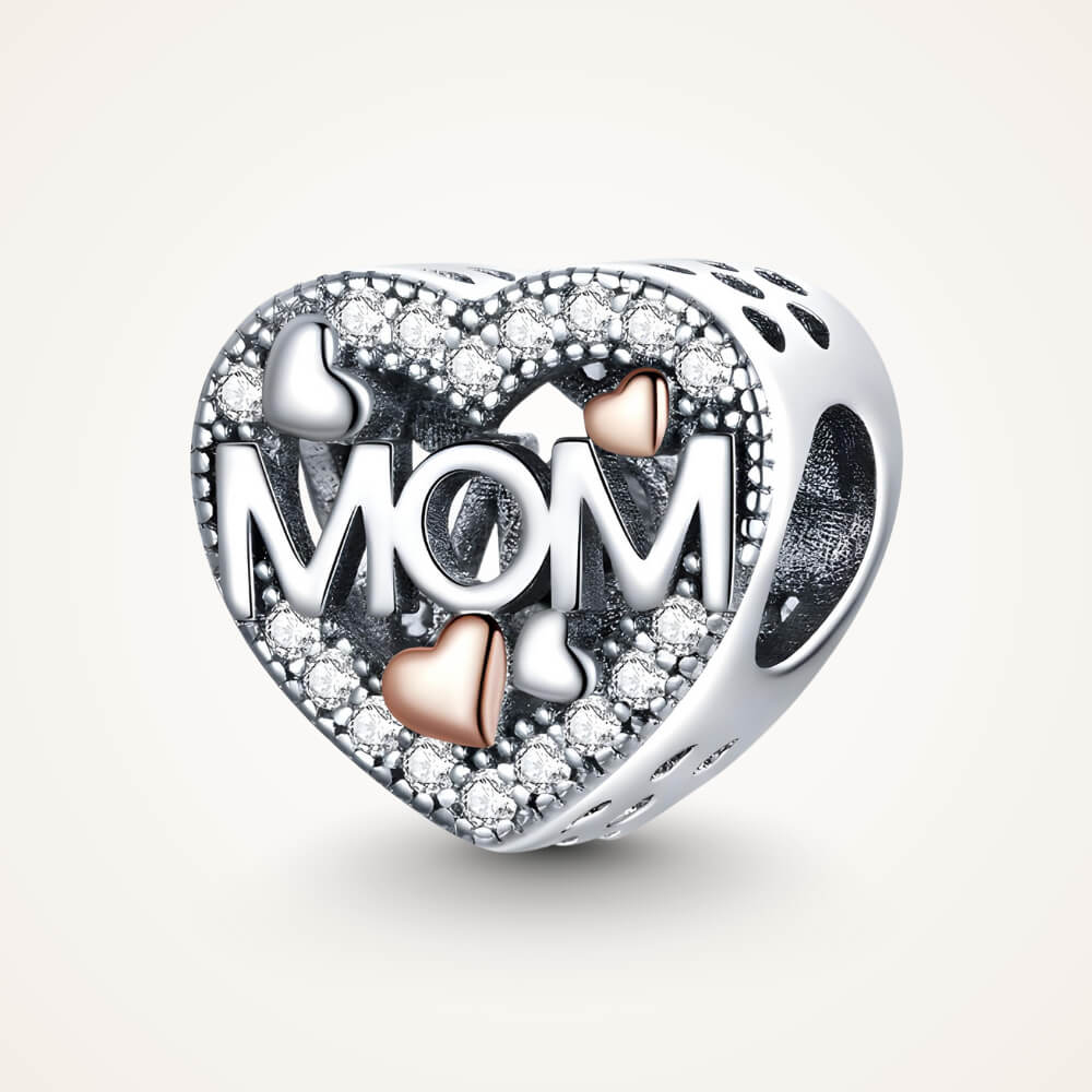 Sterling silver heart-shaped MOM charm with pavé crystals and mixed-metal rose gold and silver hearts – ORÉYA.