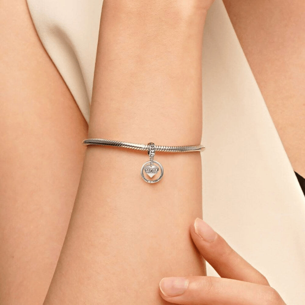 Sterling silver MOM heart charm with circular pendant engraved ‘I Love U Forever’ and heart details