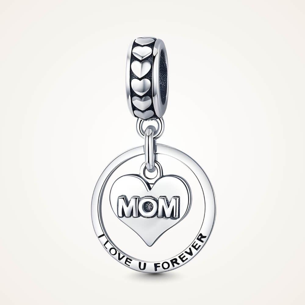 Sterling silver MOM heart charm with circular pendant engraved ‘I Love U Forever’ and heart details – ORÉYA.