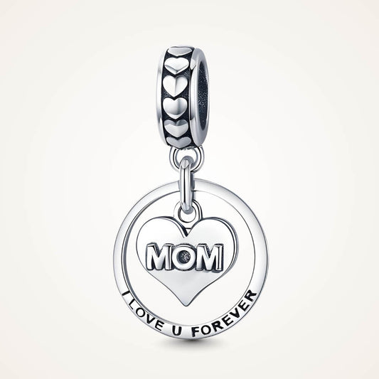 Sterling silver MOM heart charm with circular pendant engraved ‘I Love U Forever’ and heart details – ORÉYA.