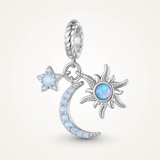 Sterling silver moon charm with sun, star, and blue opal details - ORÉYA