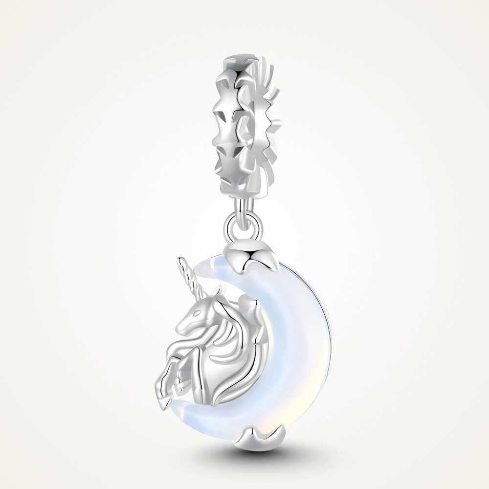 Sterling silver unicorn charm on moon with opalescent glow - ORÉYA