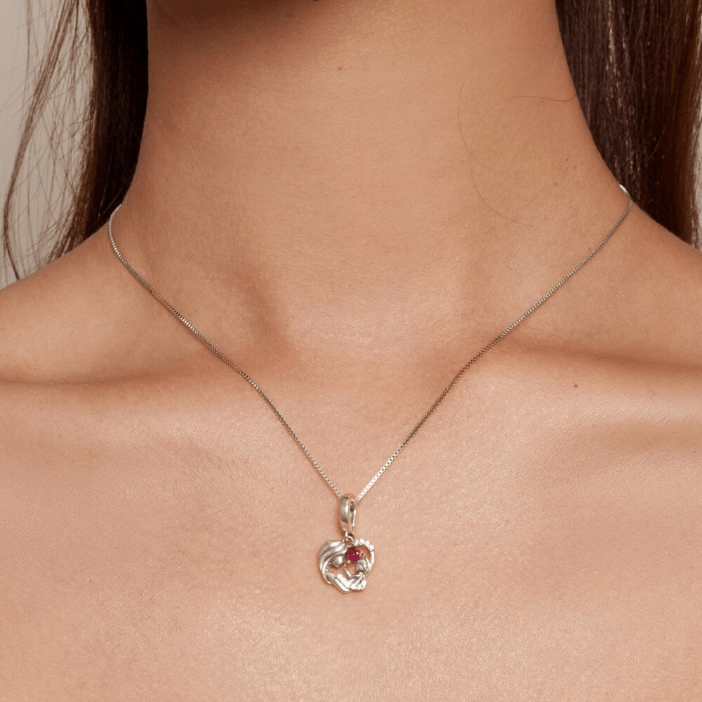Sterling silver mother and child heart charm with pink heart gemstone and crystal accents