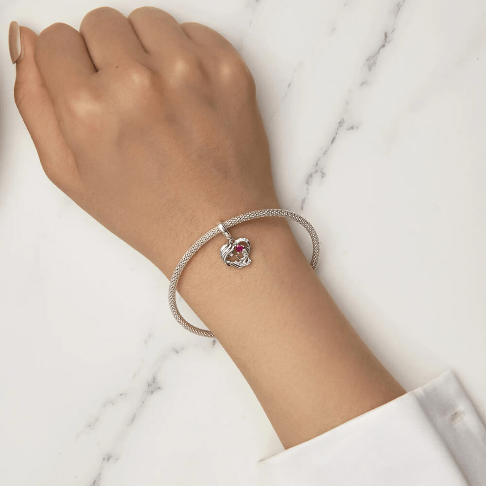 Sterling silver mother and child heart charm with pink heart gemstone and crystal accents 