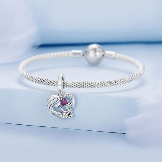 Sterling silver mother and child heart charm with pink heart gemstone and crystal accents