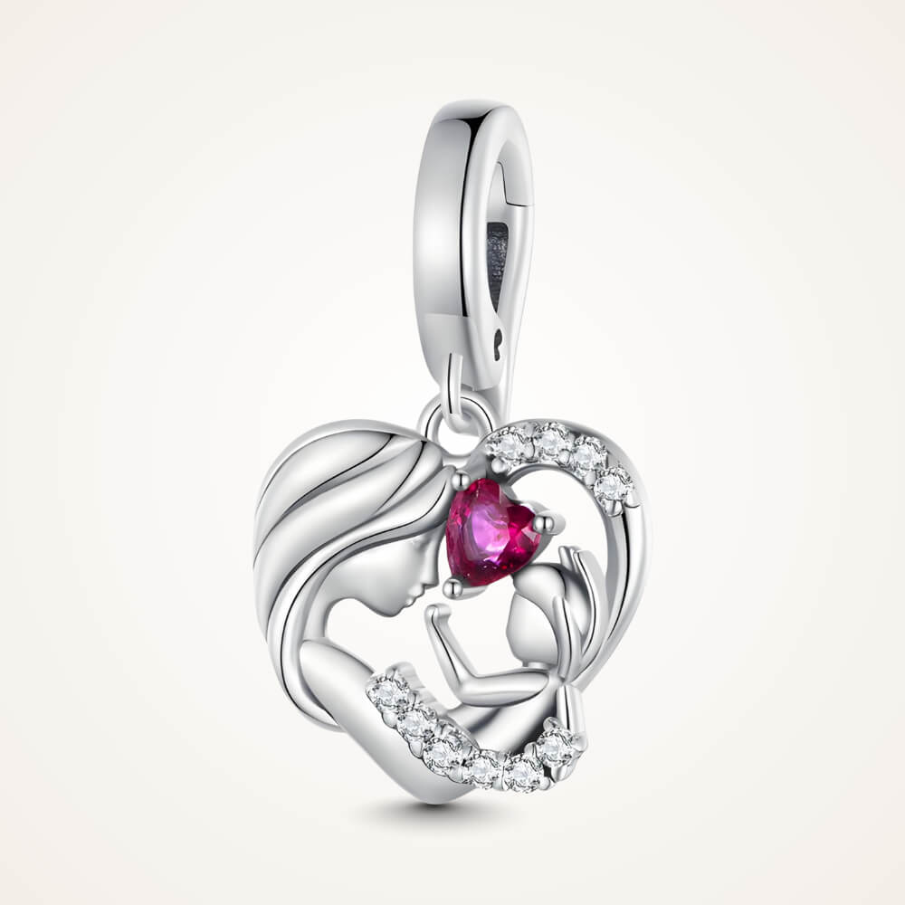 Sterling silver mother and child heart charm with pink heart gemstone and crystal accents – ORÉYA.