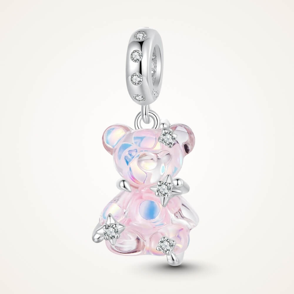 Sterling silver teddy bear charm with pink opalescent glass and crystal accents - ORÉYA