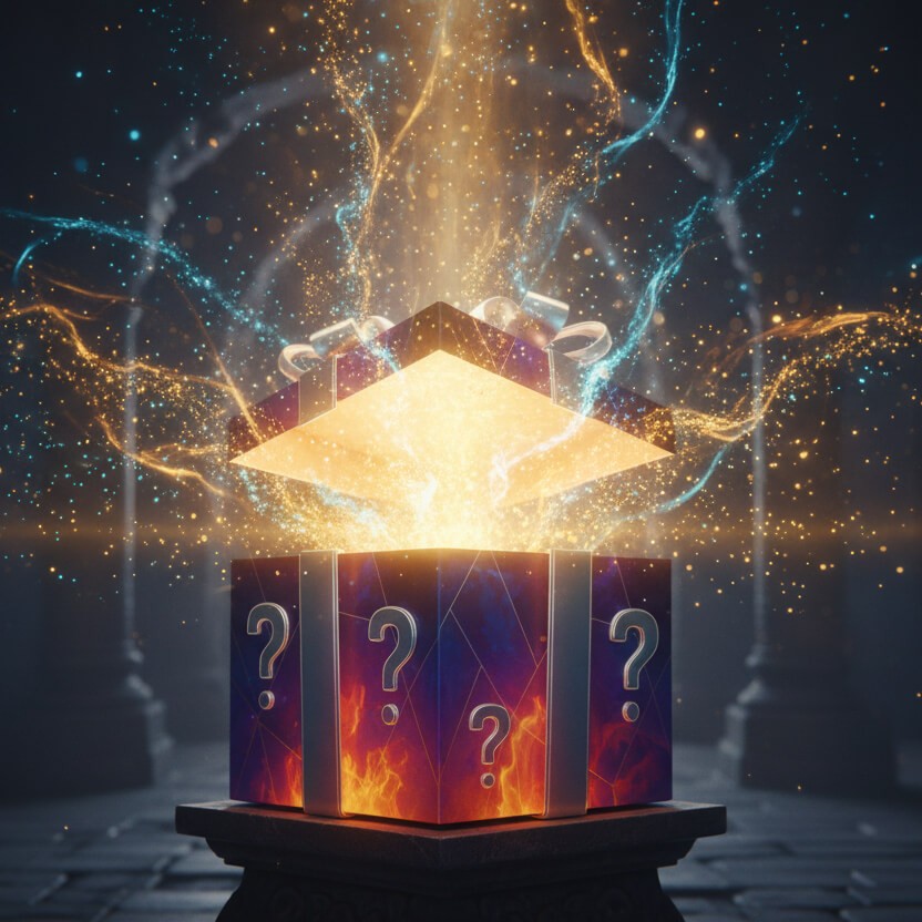 Open gift box with question marks and sparkling effects