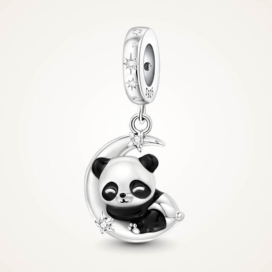 Sterling silver panda charm resting on crescent moon with star details - ORÉYA