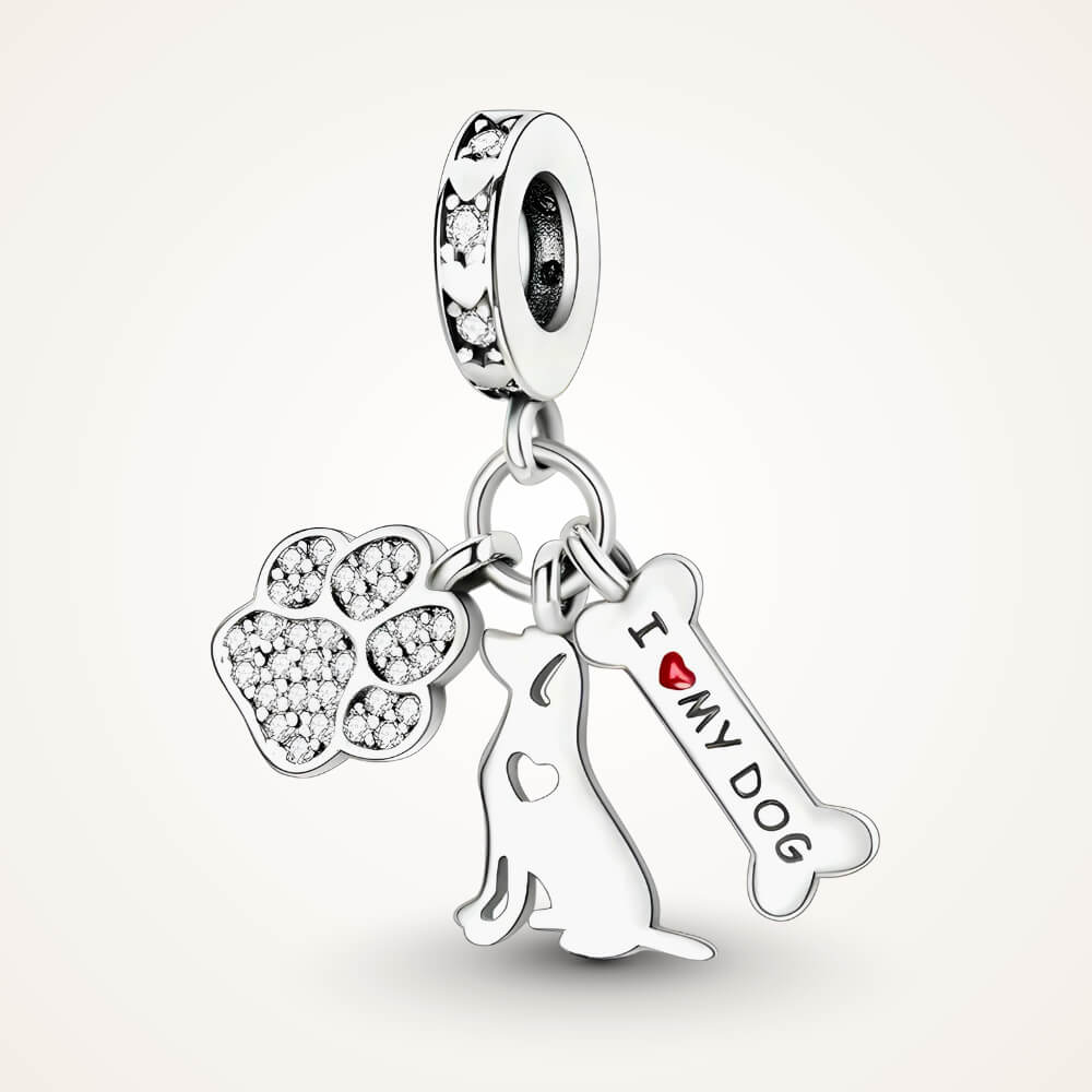 Sterling silver charm with crystal paw print, dog silhouette, and ‘I love my dog’ bone tag – ORÉYA