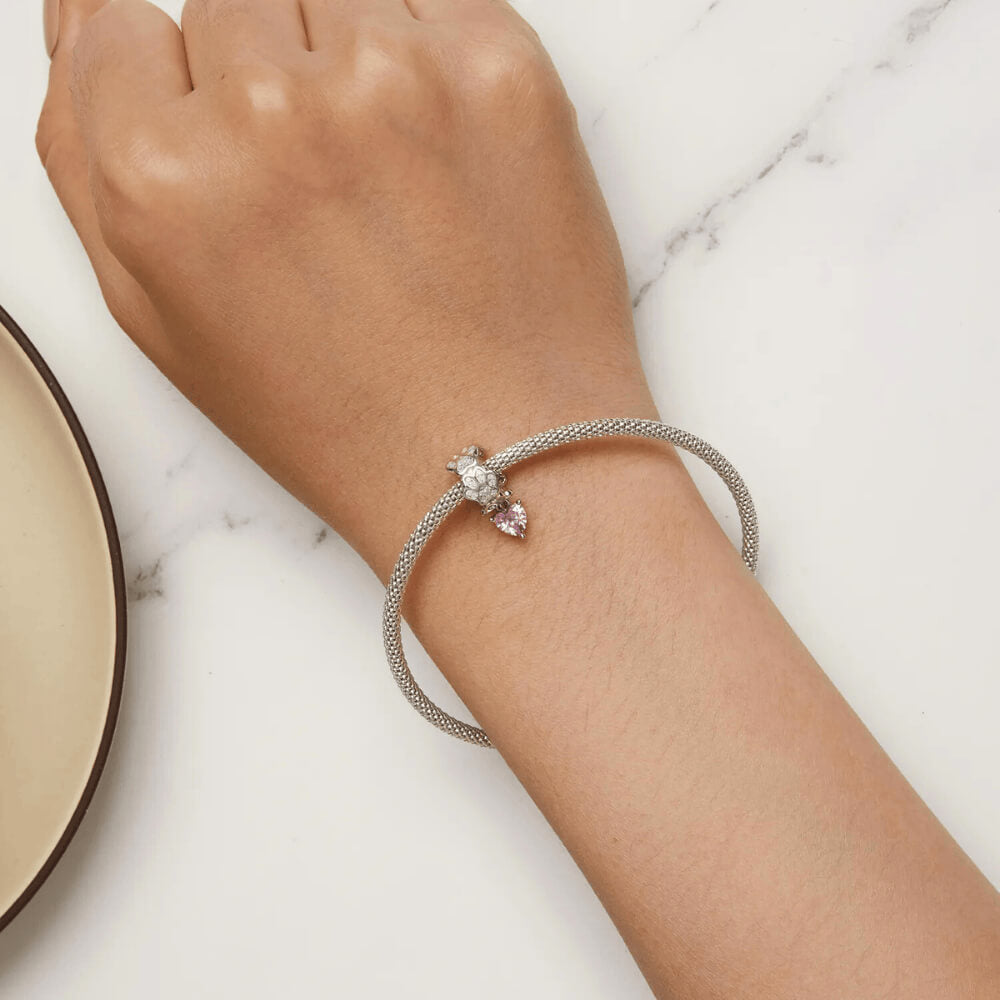 Sterling silver paw-print charm with opal stones and pink heart dangle 