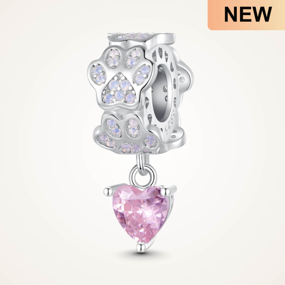 Sterling silver paw-print charm with opal stones and pink heart dangle – ORÉYA