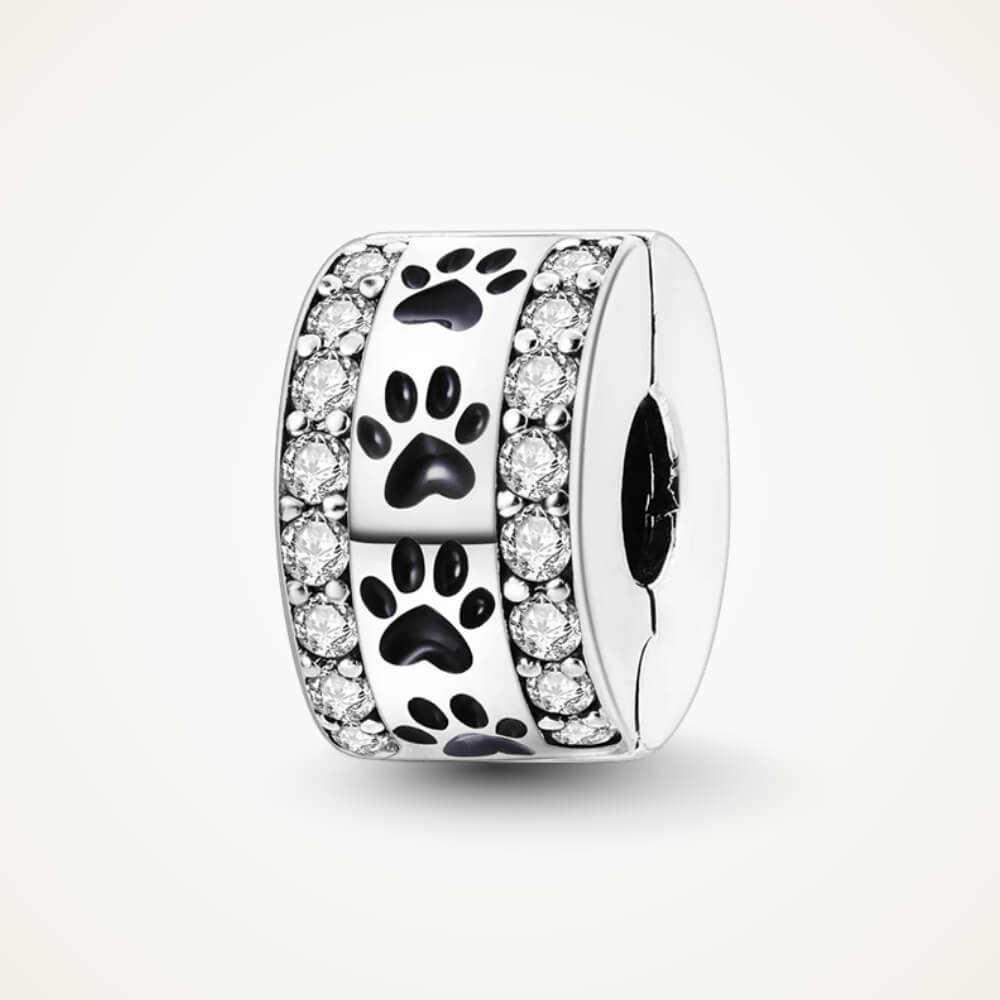 Sterling silver clip charm with black enamel paw prints and clear zircon borders – ORÉYA