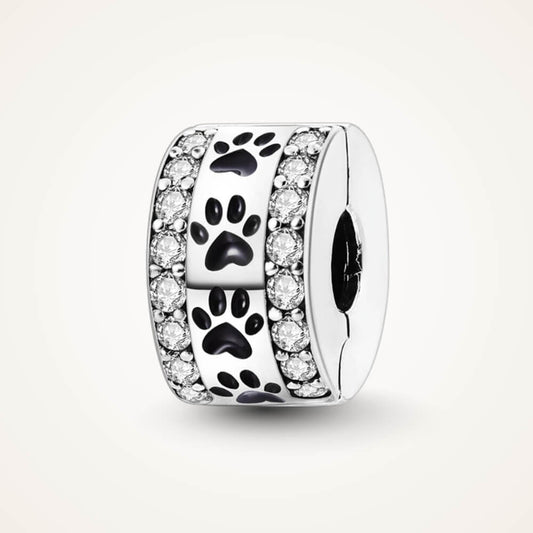 Sterling silver clip charm with black enamel paw prints and clear zircon borders – ORÉYA