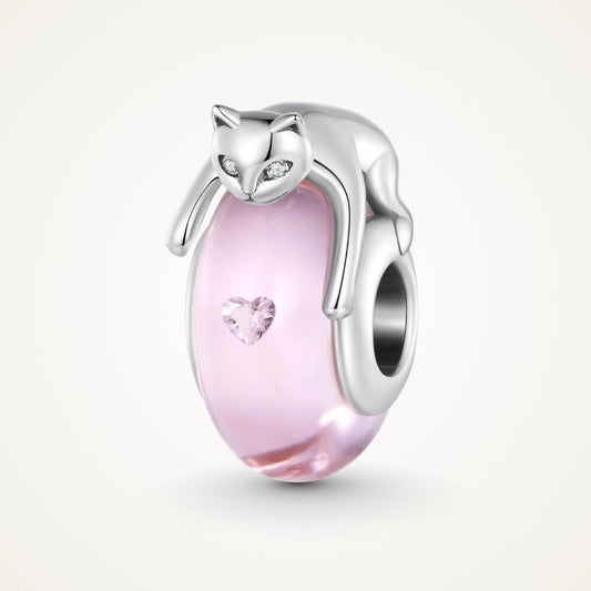 Sterling silver cat charm with pink crystal body and heart detail - ORÉYA