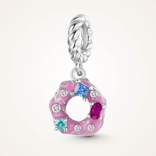 Sterling silver donut charm with pink frosting, colorful crystal sprinkles, and a twisted silver bail - ORÉYA