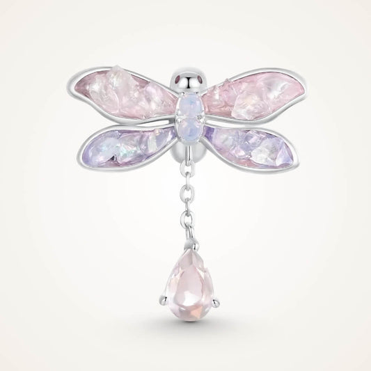 Sterling silver dragonfly charm with pink lavender wings and crystal drop - ORÉYA