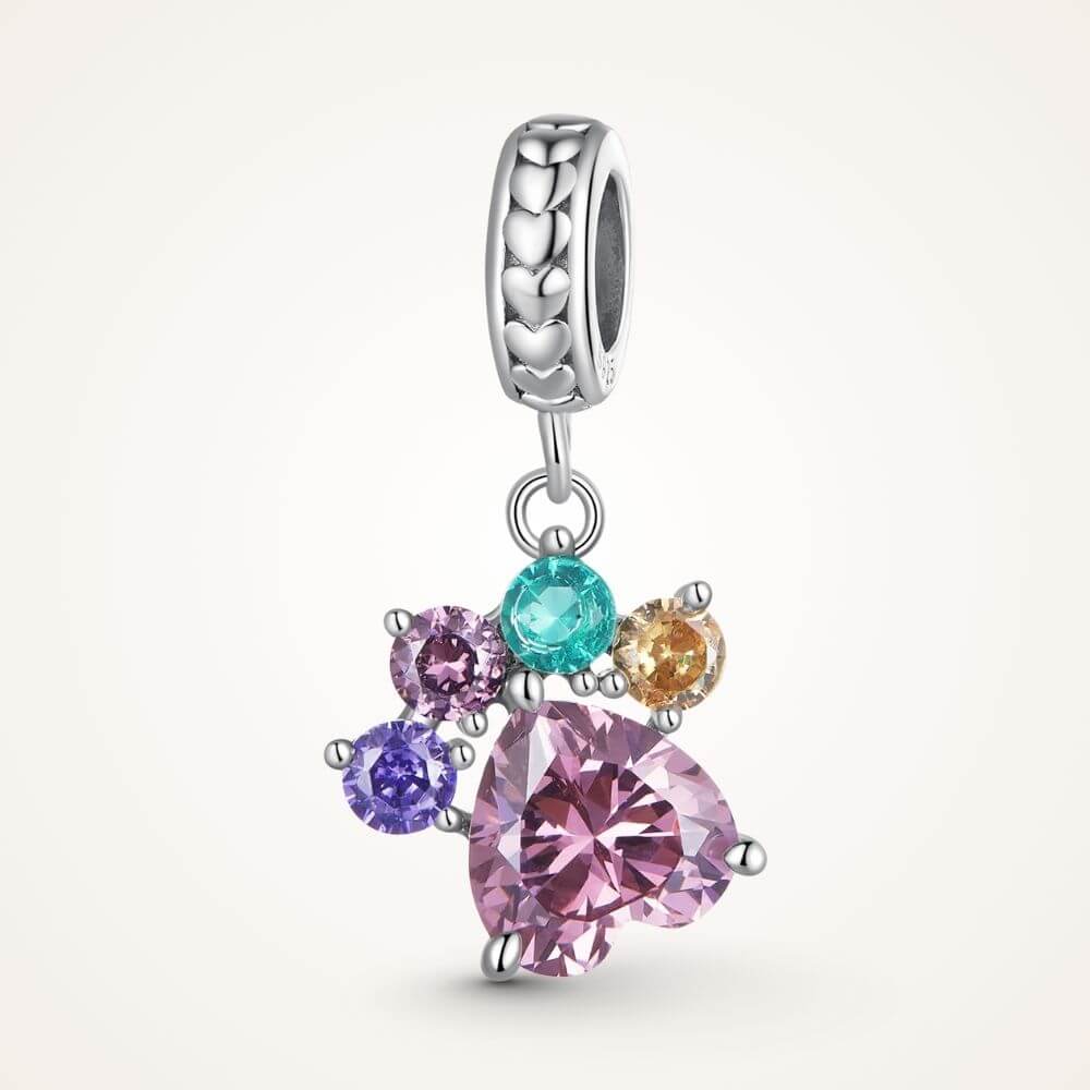 Sterling silver paw print charm with large pink heart crystal and colorful gemstone toe details - ORÉYA