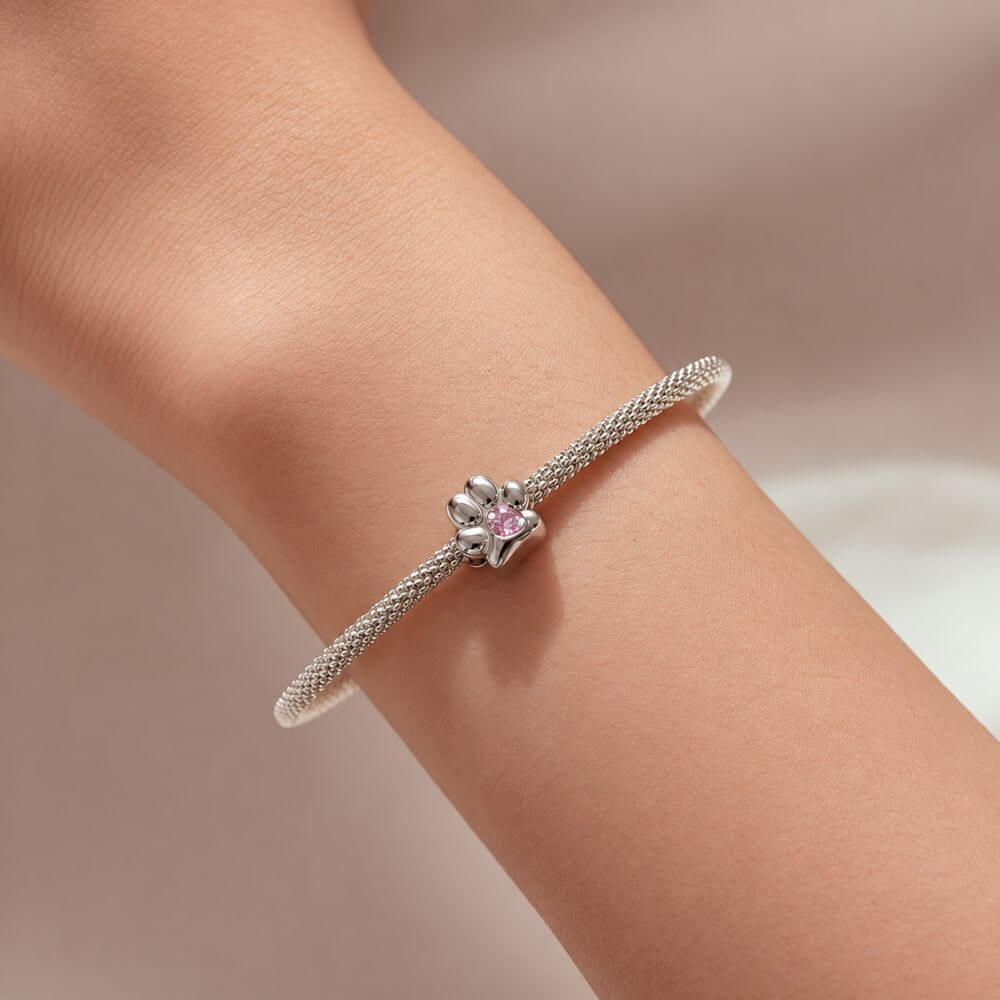 Sterling silver paw print charm with pink heart crystal center and polished pet-inspired details.